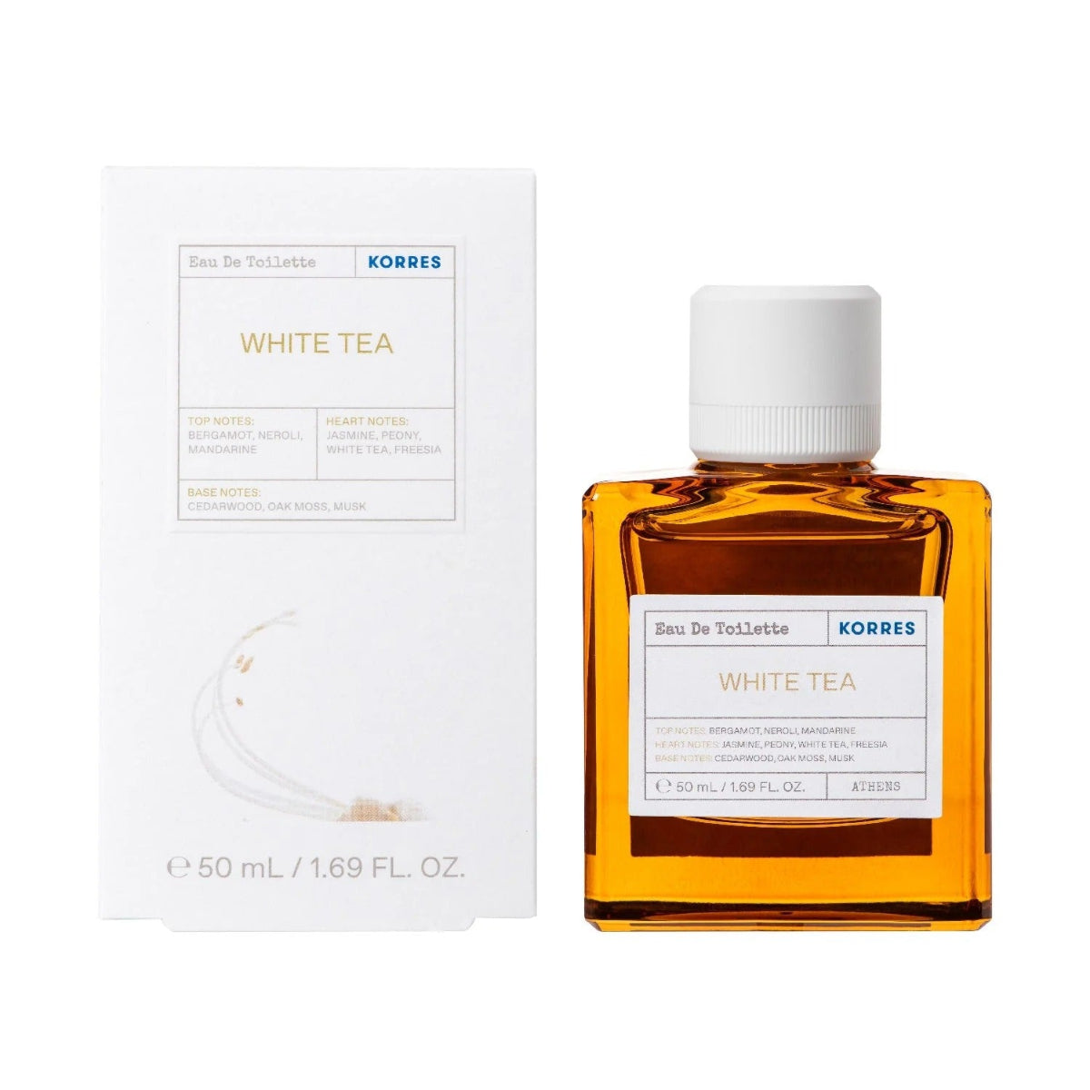 Korres White Tea perfume bottle and packaging on a white background