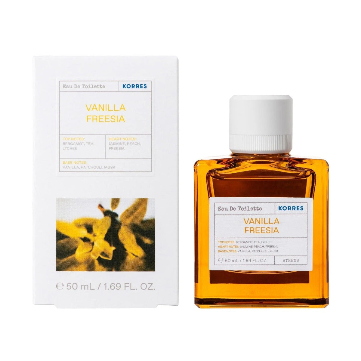Korres Vanilla Freesia perfume bottle and packaging on a white background
