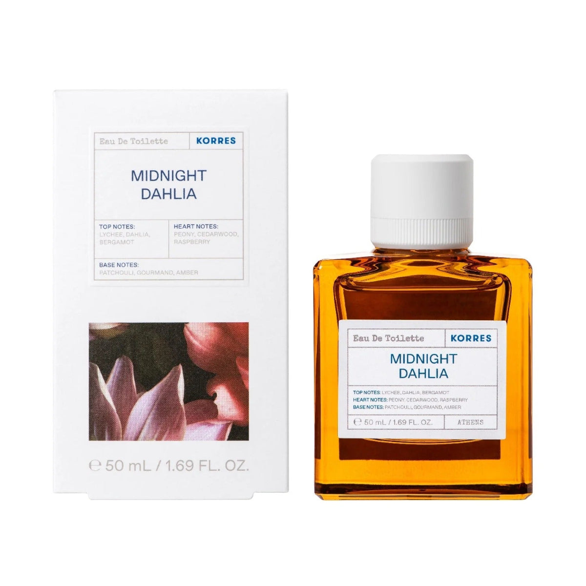 Korres Midnight Dahlia perfume bottle and packaging on a white background