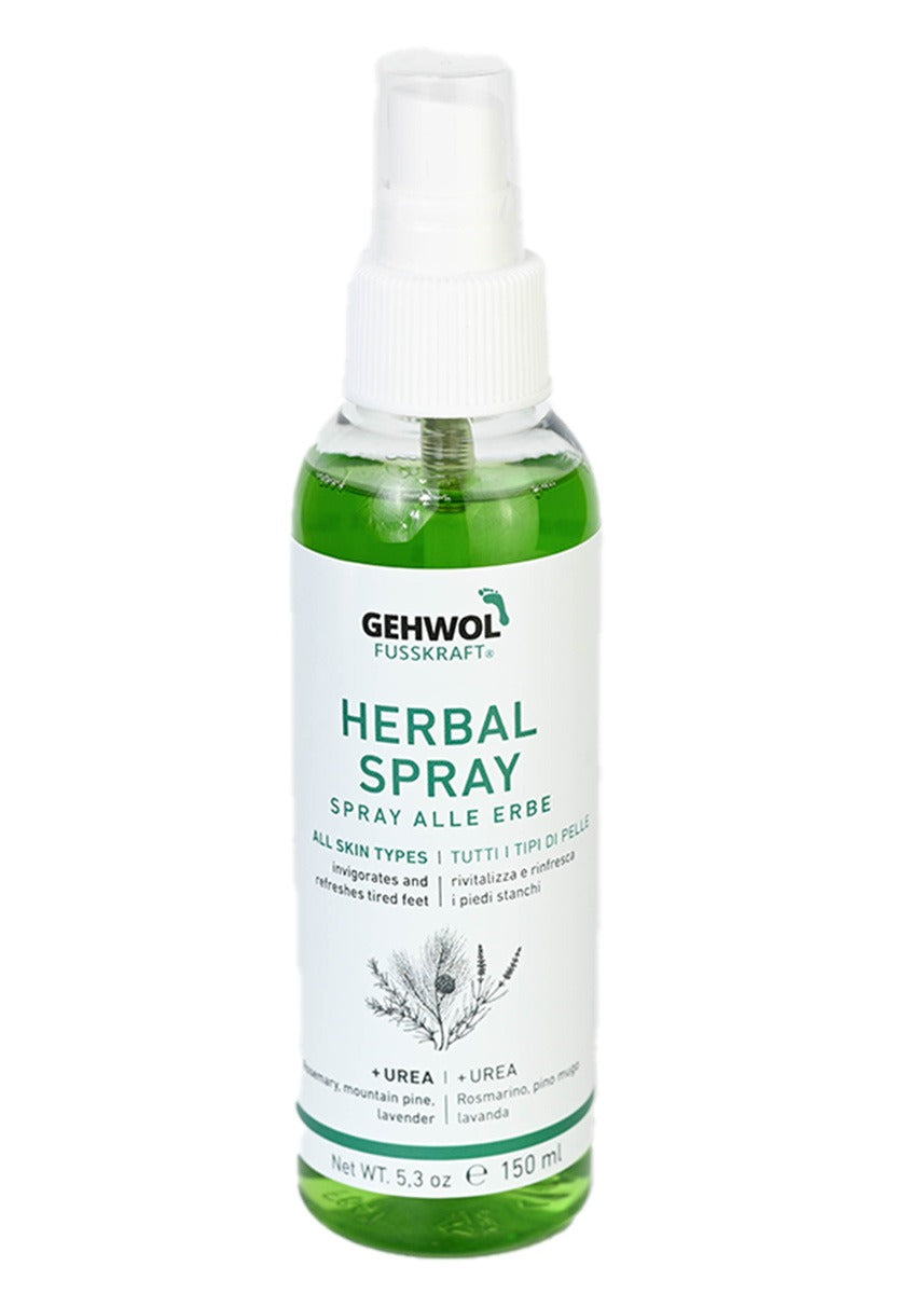 A bottle of Gehwol Herbal Spray with a white spray nozzle, labeled in green and white, indicating it is a foot care product.
