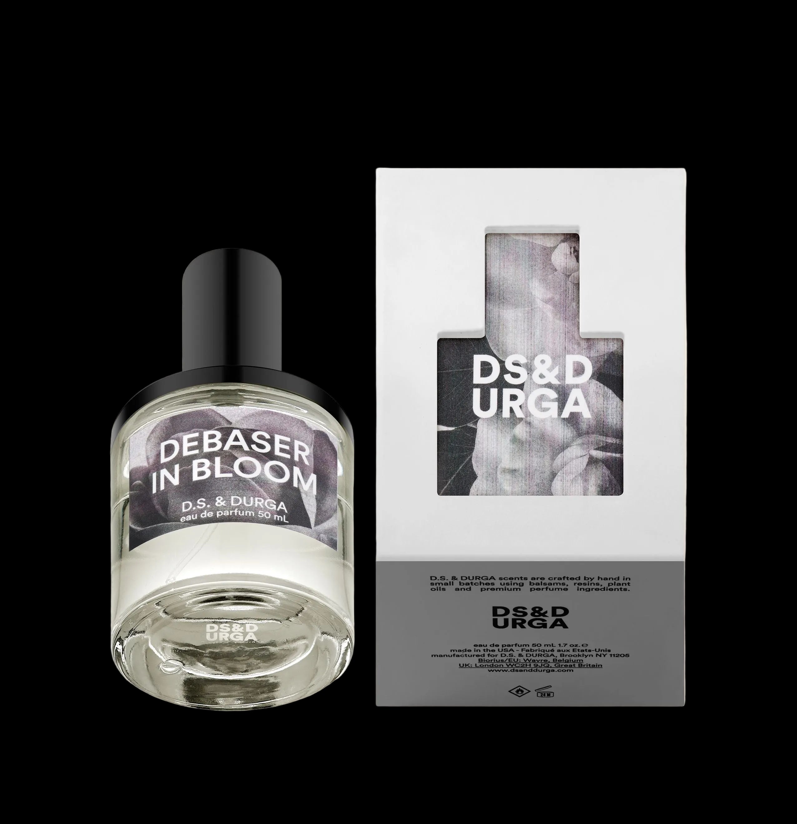 Perfume bottle and packaging of D.S. & Durga 'Debaser in Bloom' on a beige background