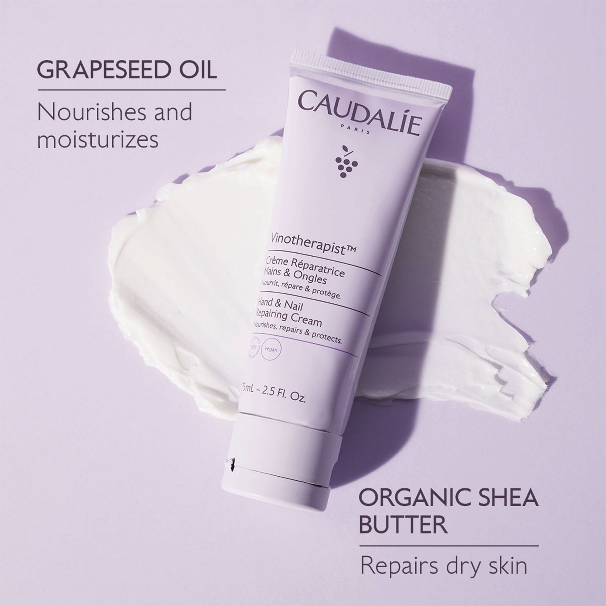 Caudélie skincare product with text highlighting grapeseed oil and organic shea butter on a light purple background