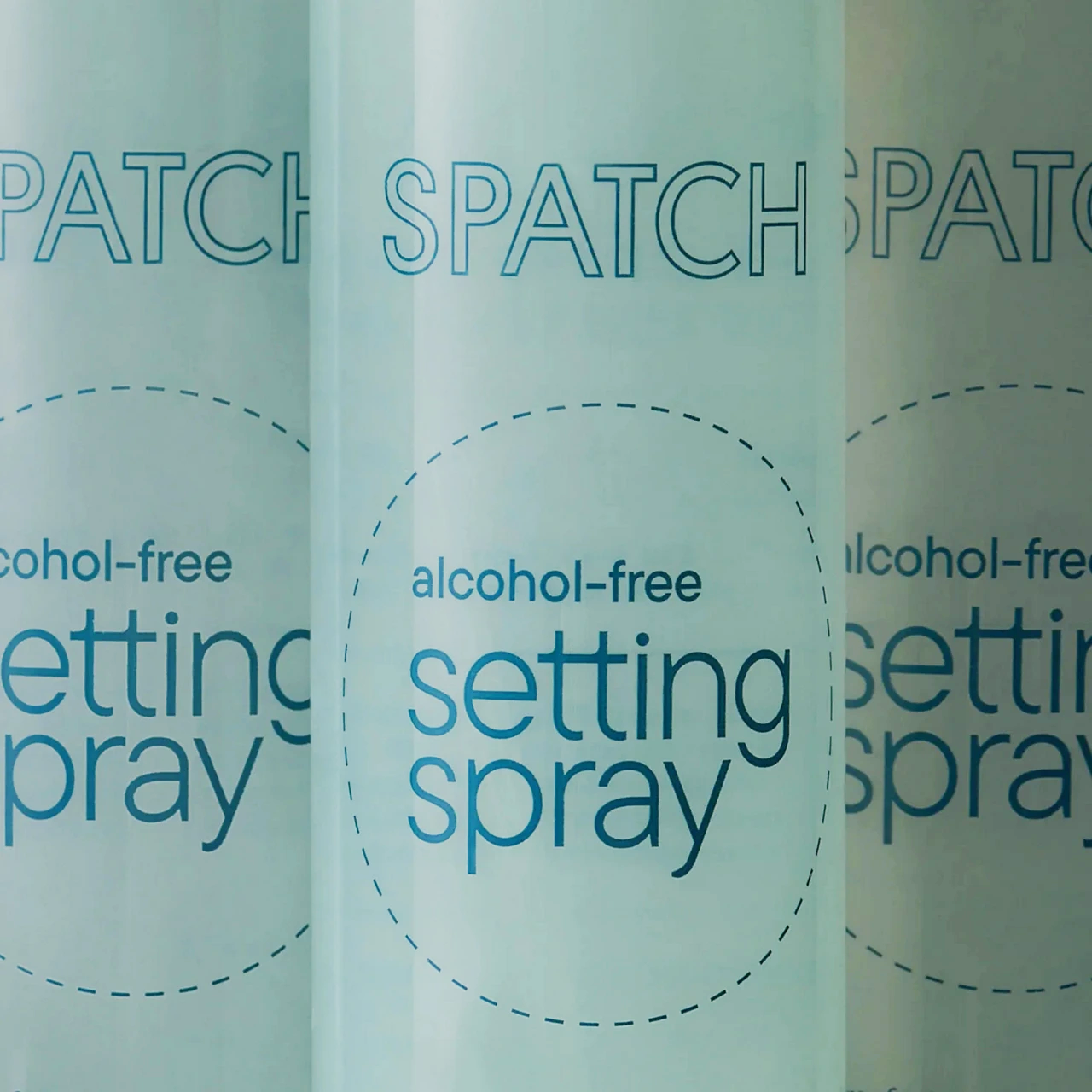 Three close-up views of a cylindrical bottle labeled 'setting spray' with 'alcohol-free' text, shown in a repeating vertical pattern on a pale mint background.