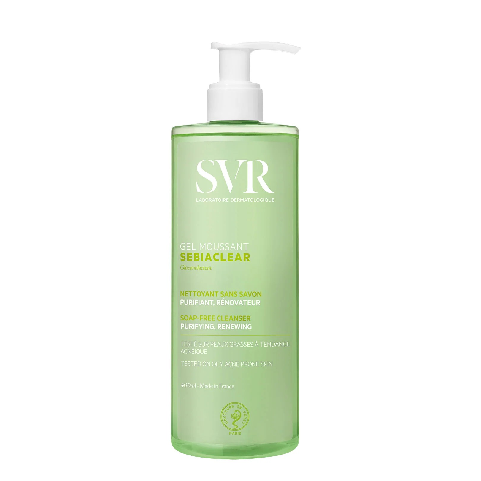 Green bottle with pump of SVR skincare product on a white background