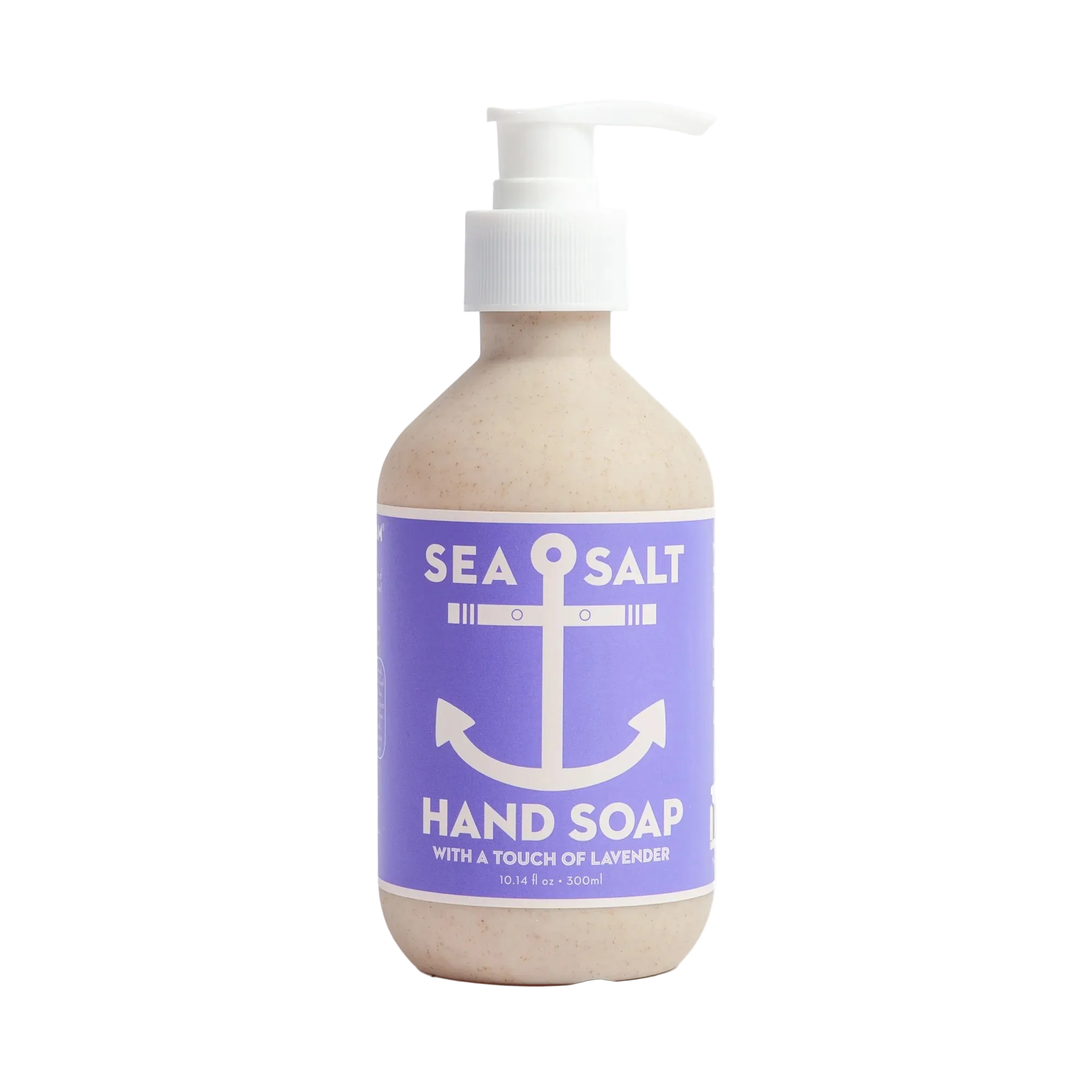 Hand soap bottle with purple label and white pump on a white background