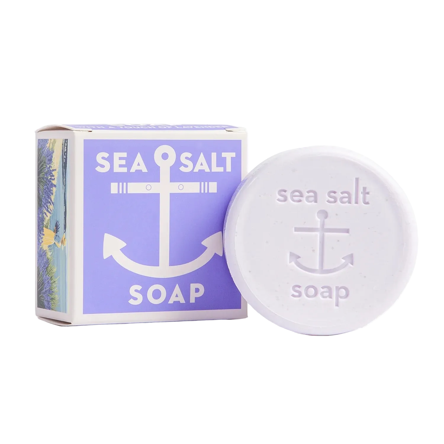 A round white bar of sea salt soap with an embossed anchor design, shown next to its lavender and white packaging box featuring a large white anchor graphic and the words 'SEA SALT SOAP'.