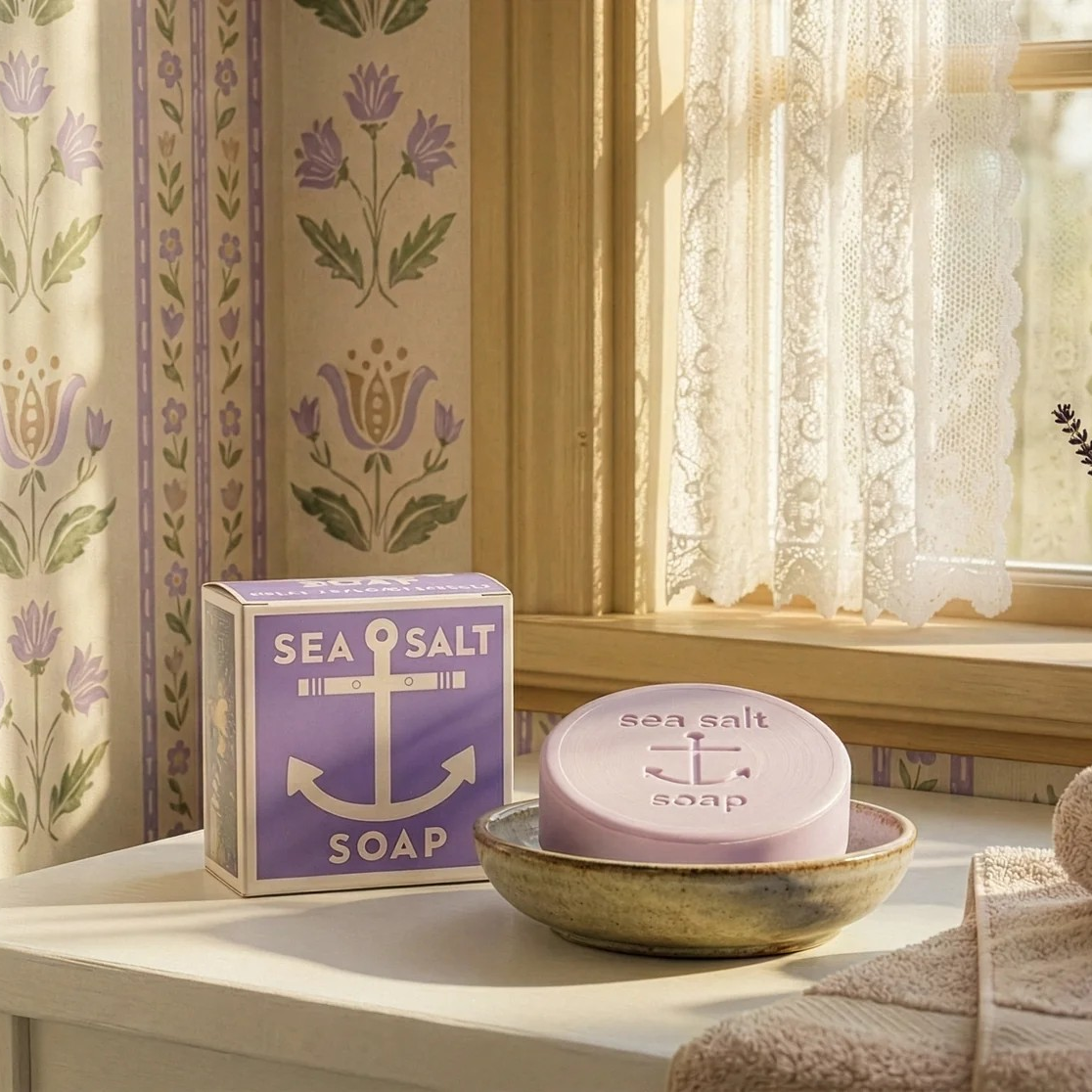 Lavender-themed bathroom setting with soap, salt, and decorative elements.