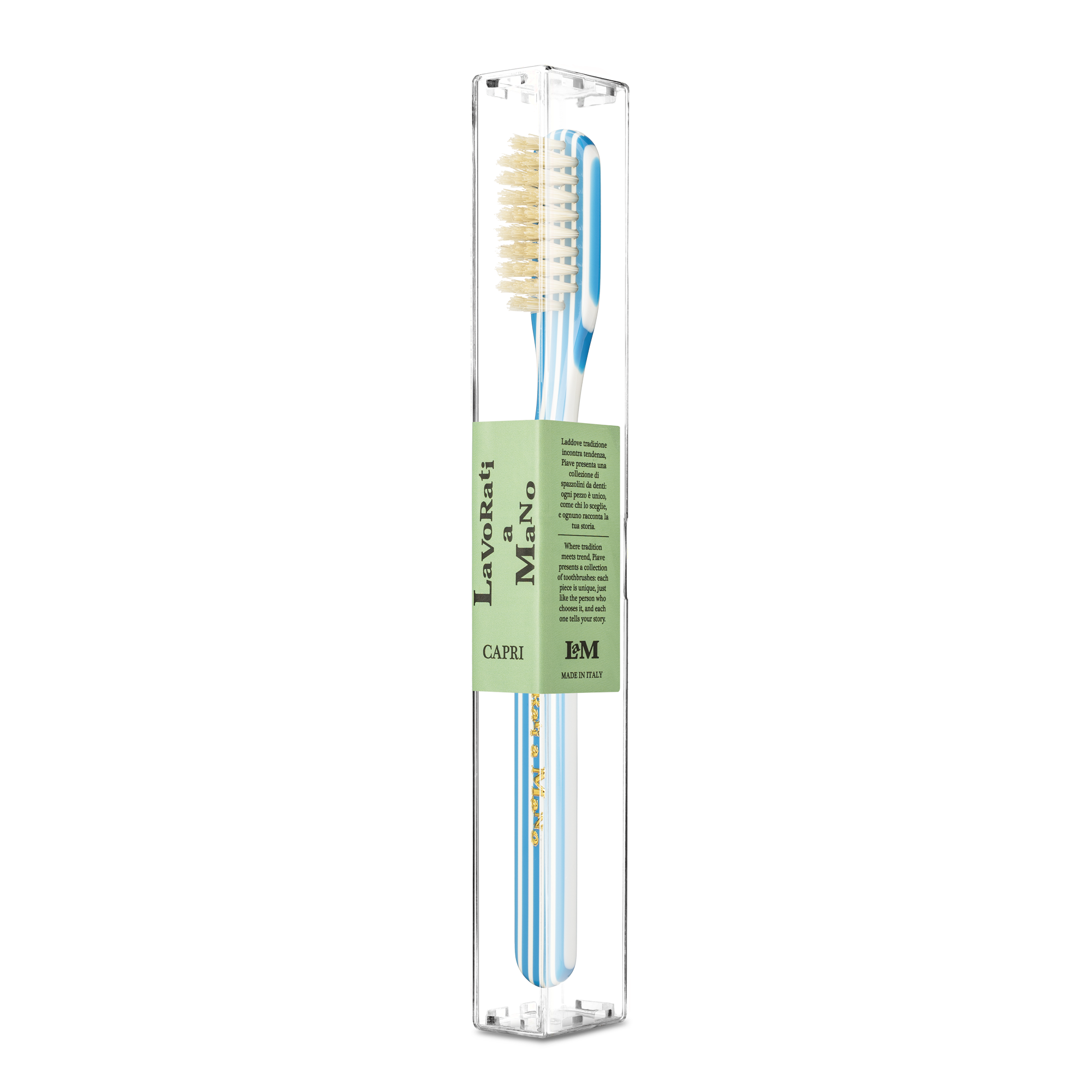 Blue Capri Collection Toothbrush with a clear packaging on a white background