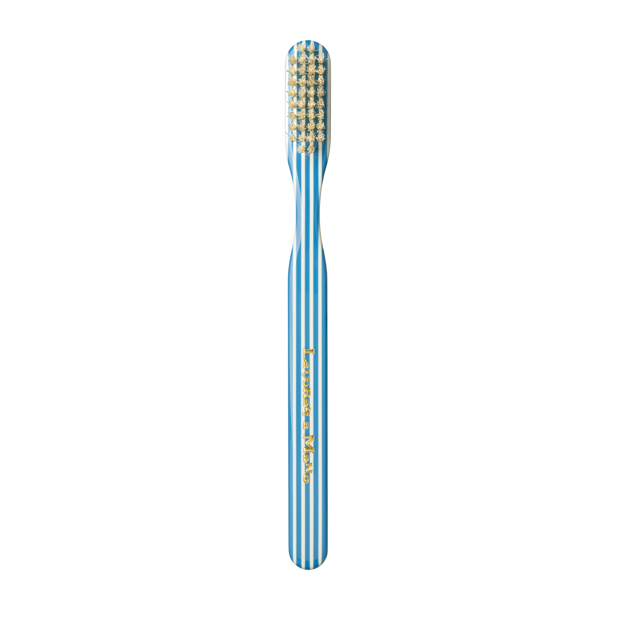 Blue and white striped toothbrush on a white background