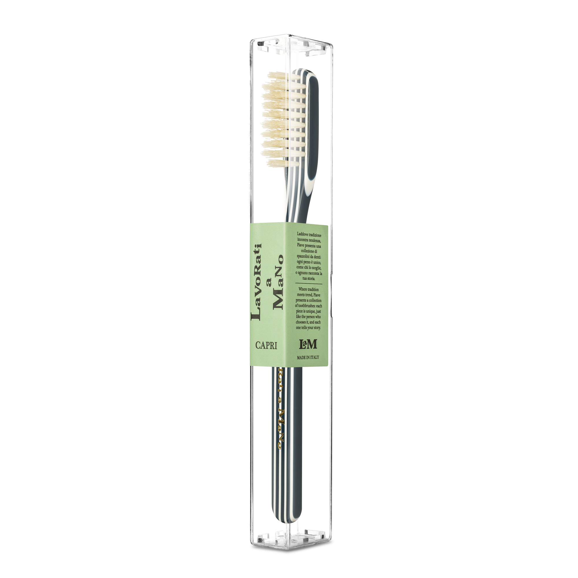 Navy Capri Collection Toothbrush in a clear plastic tube with a light green label, shown against a plain white background.