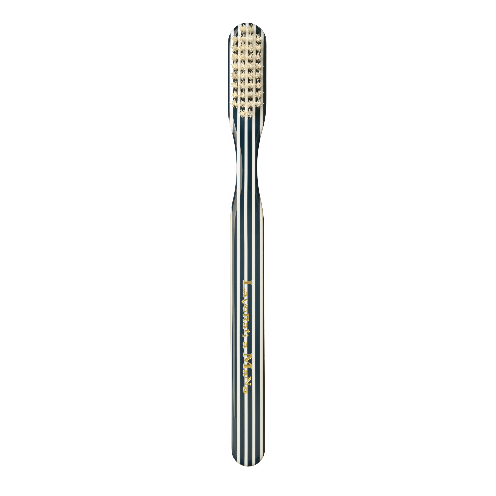 Blue Capri Collection Toothbrush with a dark green and white striped handle and a gold-colored bristle head, shown vertically on a plain white background.