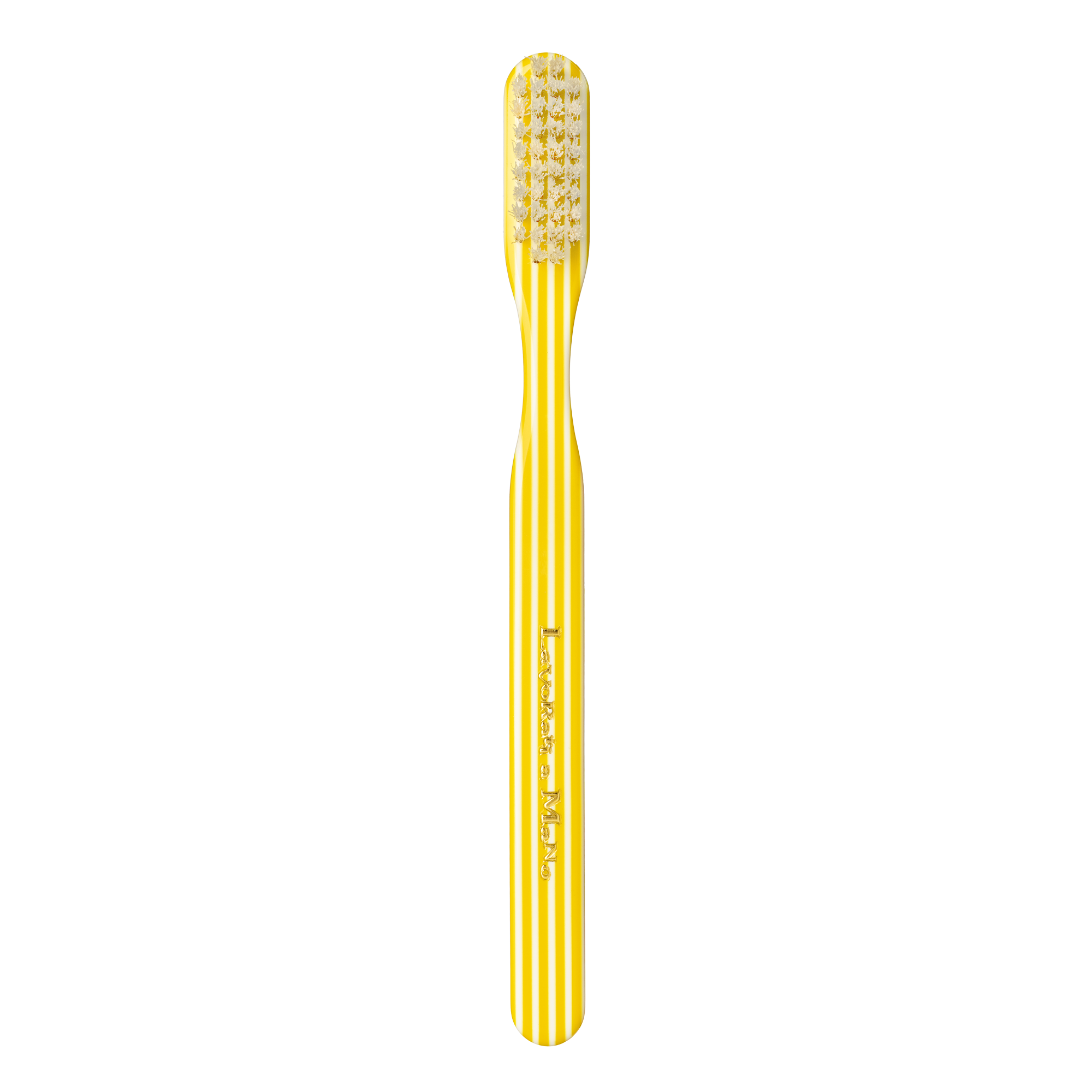 A single yellow and white striped toothbrush, set against a plain white background.