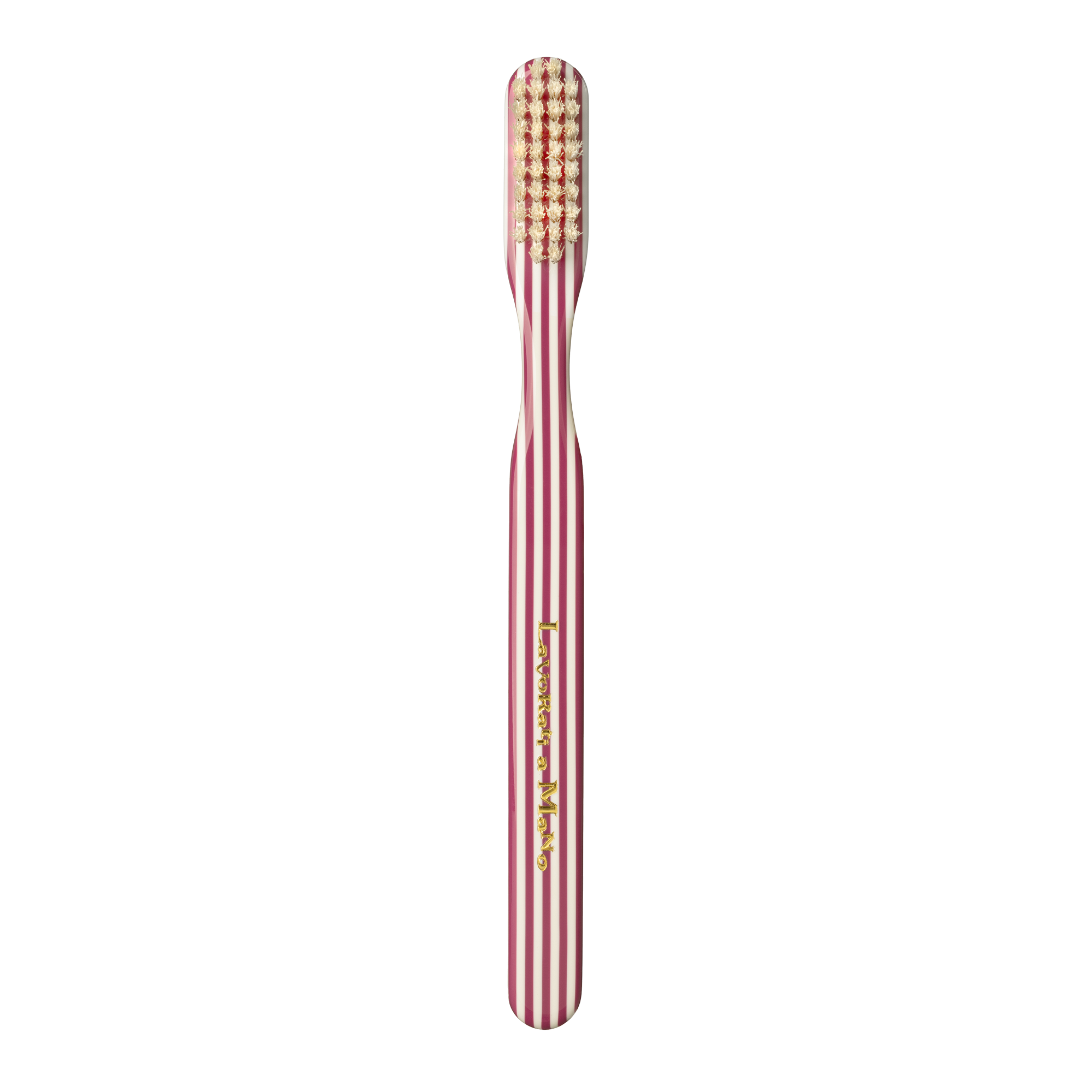 Magenta Capri Collection Toothbrush with a pink and white vertically striped handle and a gold-and-white bristle head, shown against a plain white background.