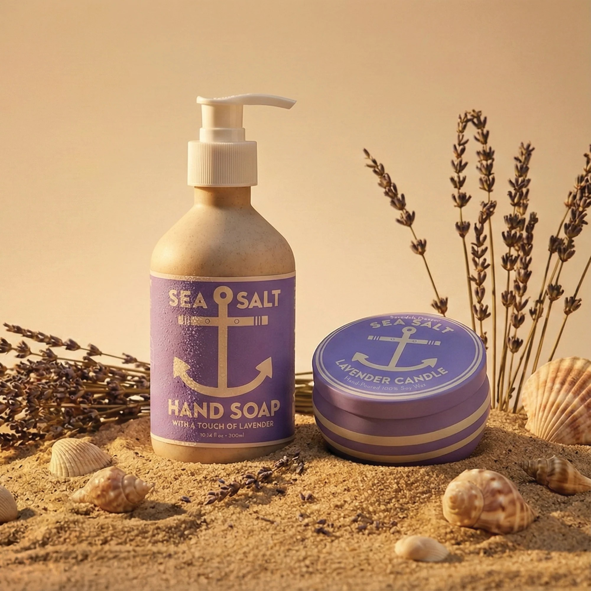 Sea Salt hand soap and lavender candle with lavender flowers and shells on sand
