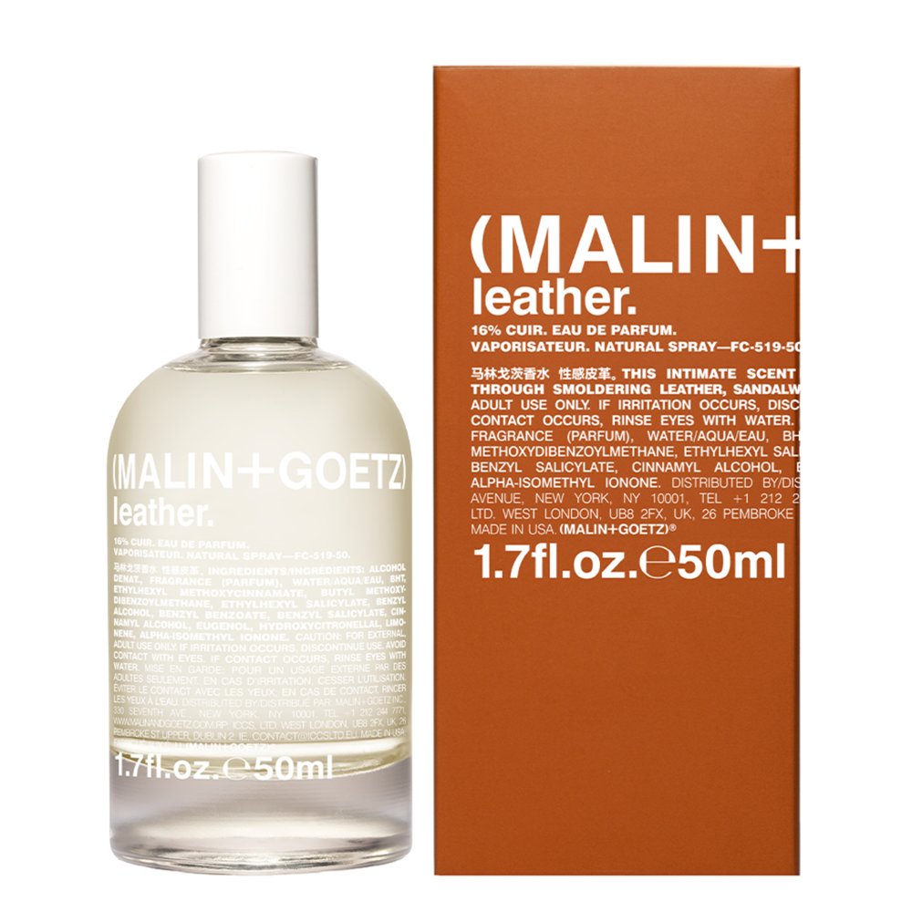 A 50ml bottle of MALIN+GOETZ leather fragrance next to its orange and white cardboard packaging box on a plain white background.