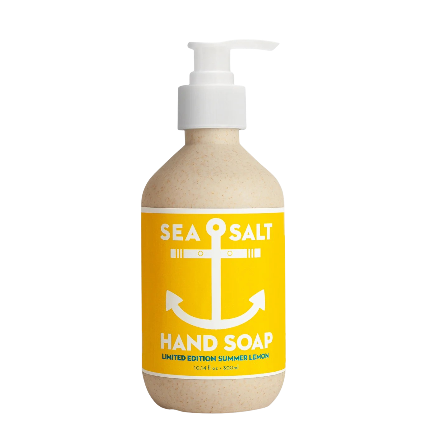 A bottle of Sea Salt Hand Soap with a white pump dispenser and a bright yellow label featuring a white anchor graphic.