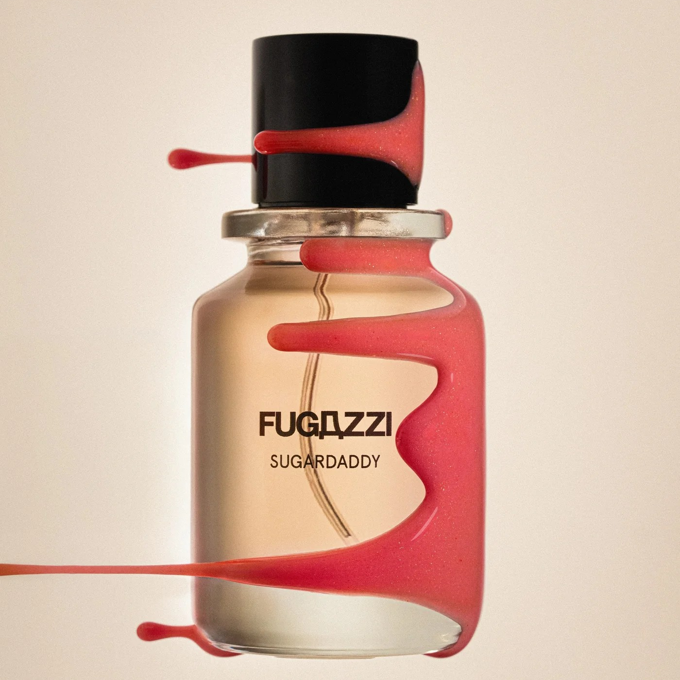 Fugazzi Sugardaddy bottle on white background with melted candy dripping down it sideways.
