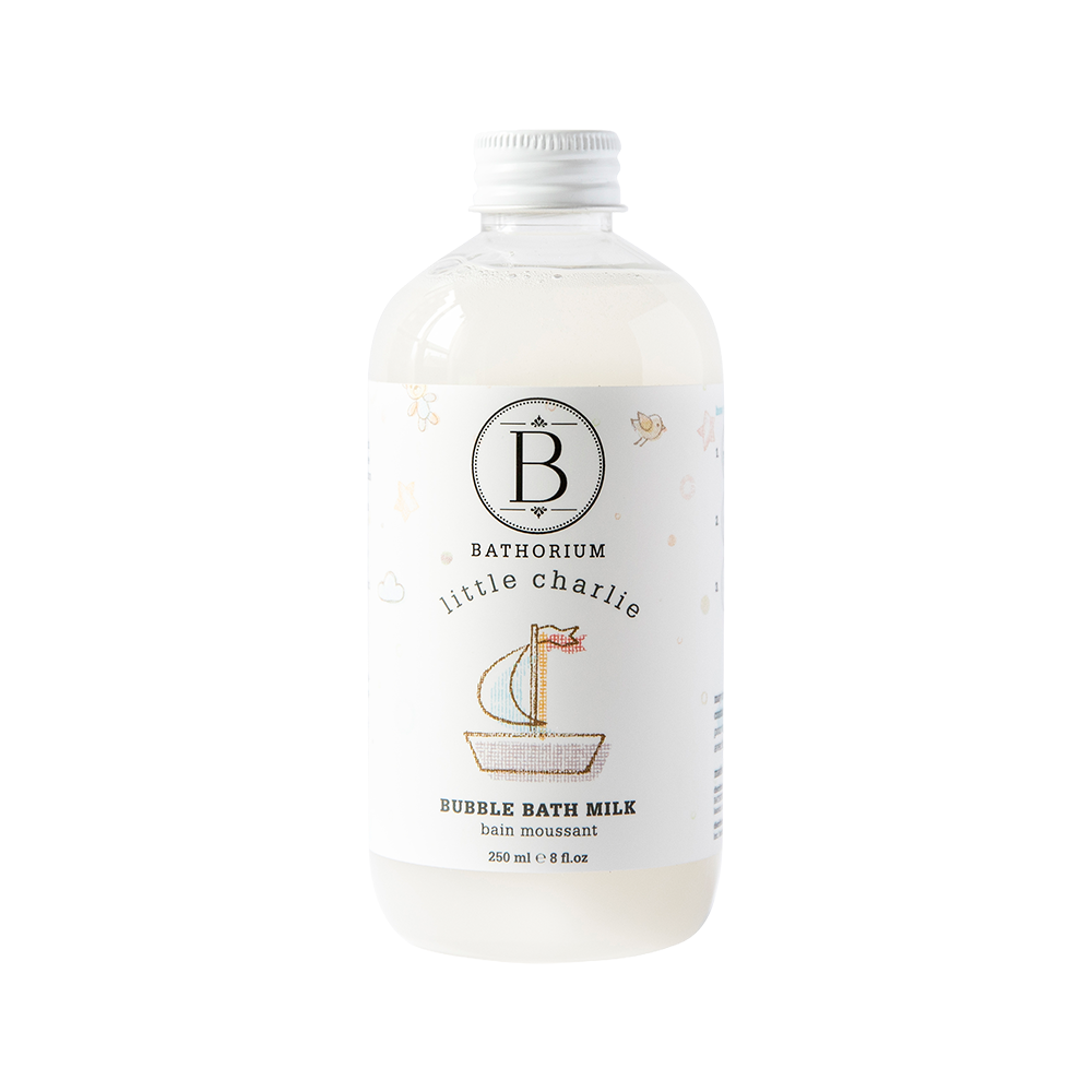 Bottle of Bathorium, little charlie Bubble Bath Milk on a clean white background