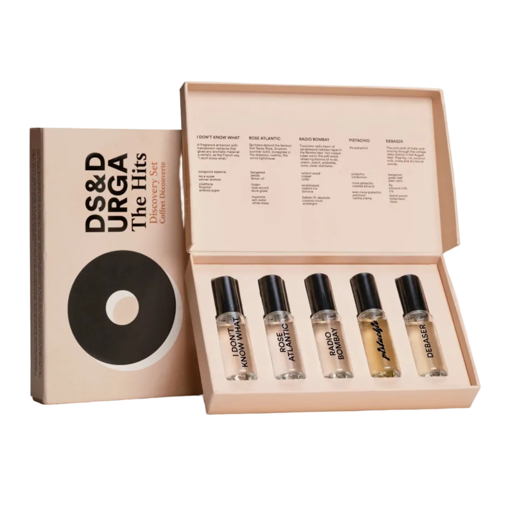 DS&D URGA 'The Hits' fragrance sampler set, featuring a beige and black outer box next to an open inner tray holding five clear glass perfume vials with black caps on a light beige background.
