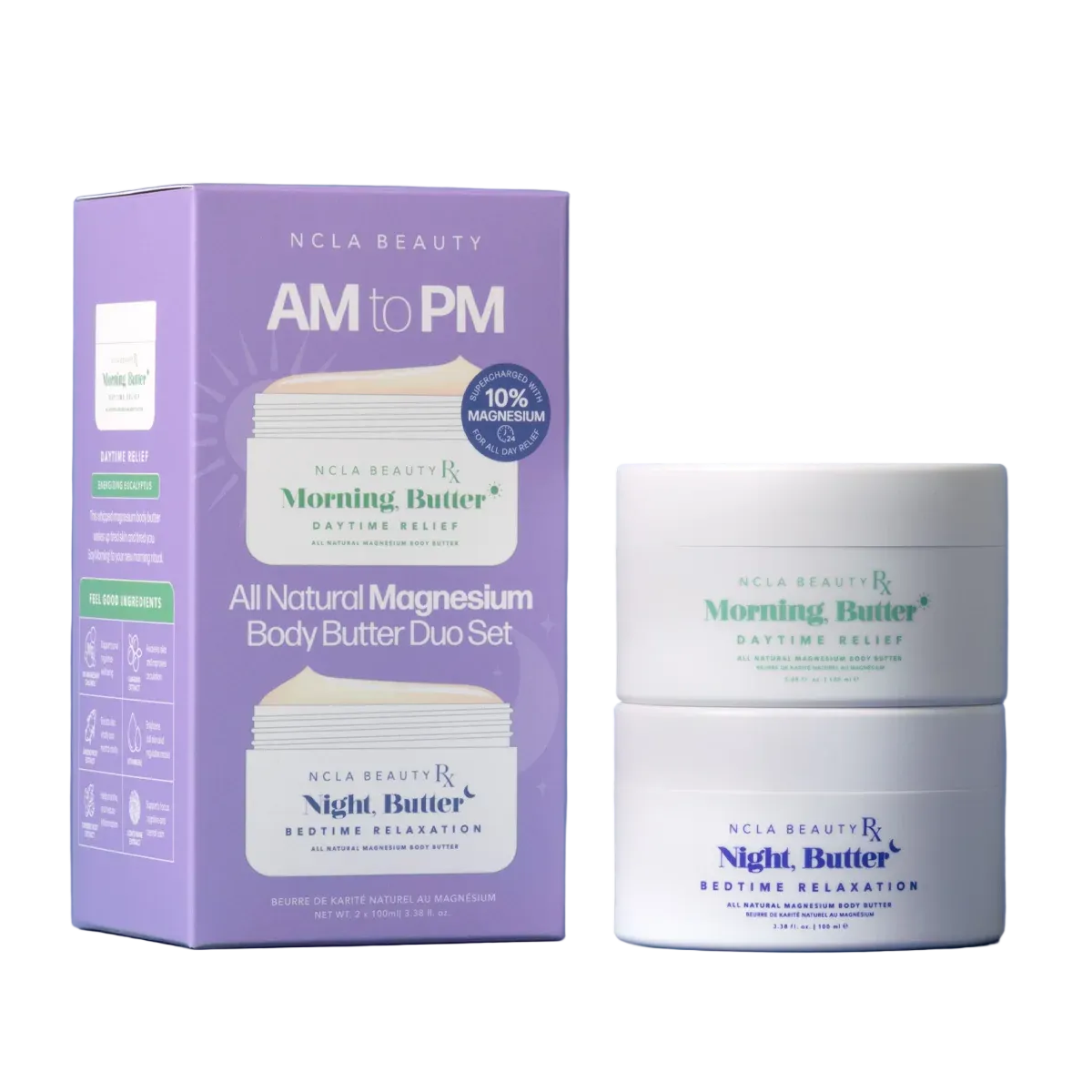 NCLA Beauty AM to PM All Natural Magnesium Body Butter Duo Set on a blue background