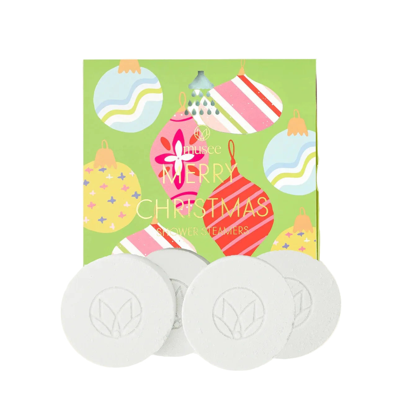 Pack of white round shower steamers with a colorful Christmas-themed box in the background.
