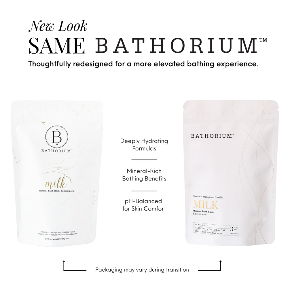 Two white stand-up pouches of BATHORIUM Milk Body Lotion shown on a white background with marketing text above and below. The left pouch reads 'milk' and the right pouch reads 'MILK'; both show the BATHORIUM brand.
