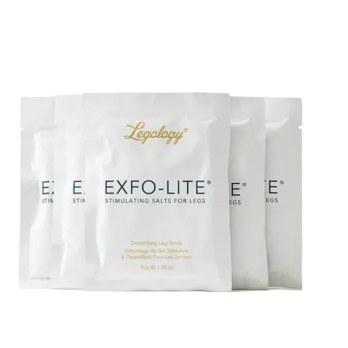 Five packages of Legology EXFO-LITE stimulating salts for legs on a white background