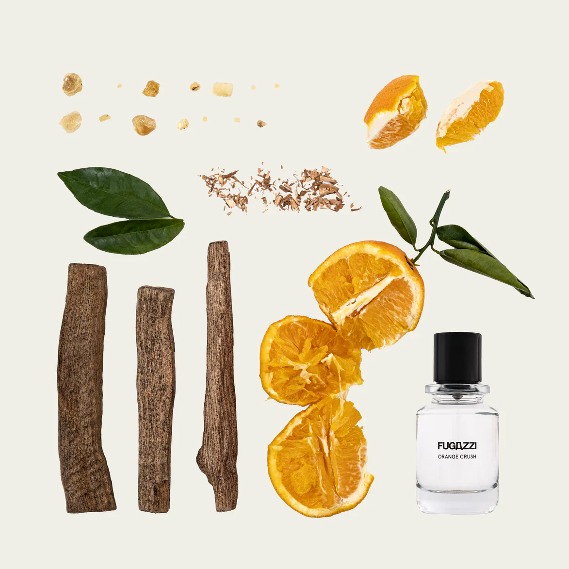 Fugazzi Orange crush with leaves, crushed orange parts, herbs and crystals around it. 