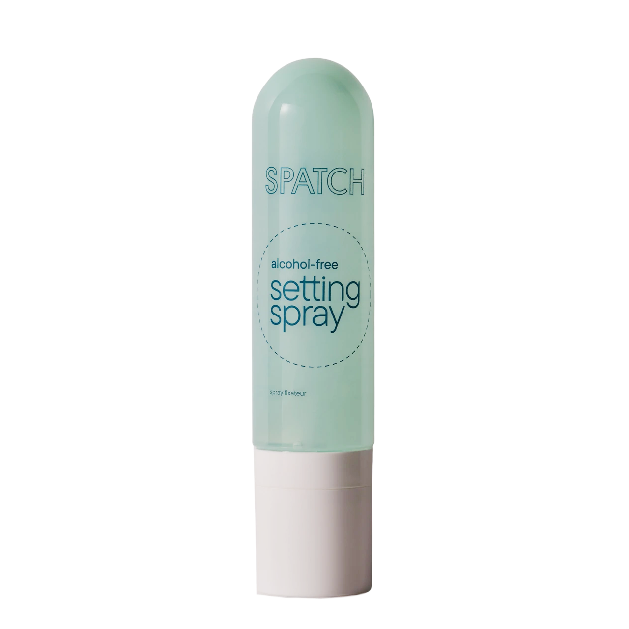 A bottle of SPATCH alcohol-free setting spray, featuring a translucent mint green upper bottle and a solid white cap, centered on a plain white background.