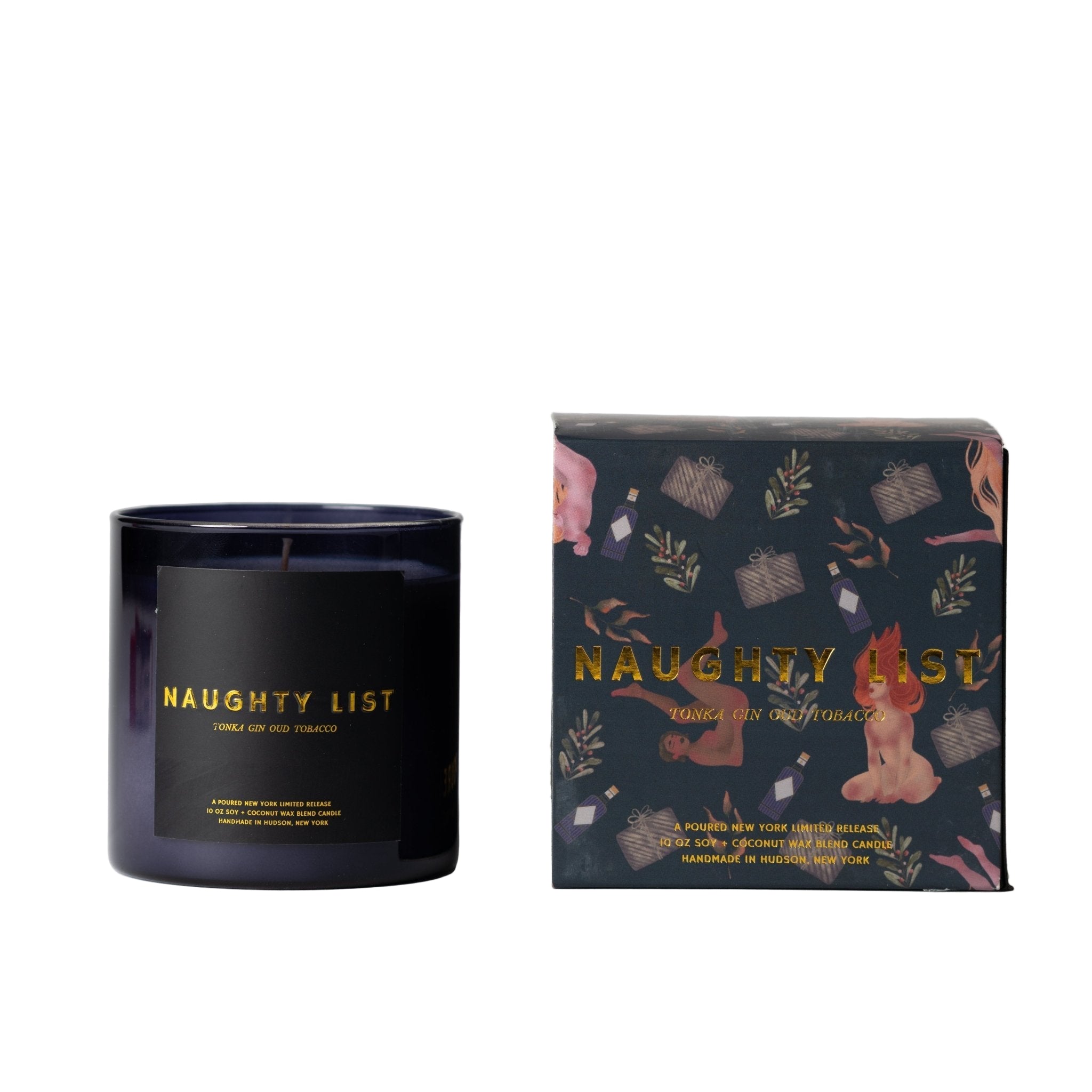 Black candle with 'Naughty List' branding next to its decorative box on a white background