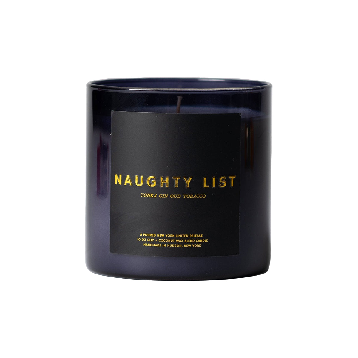 Black candle with 'Naughty List' text on a white background