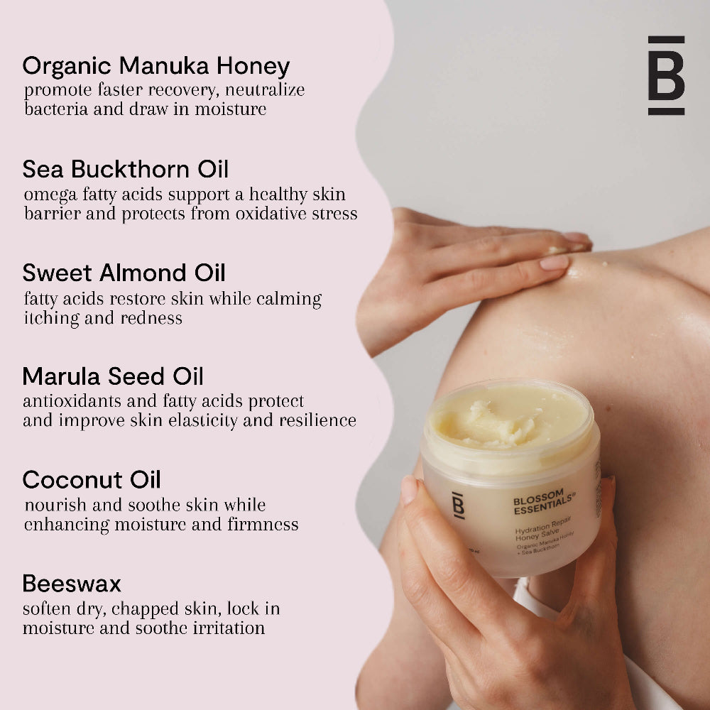 Person applying cream to shoulder with product details on organic ingredients and benefits.