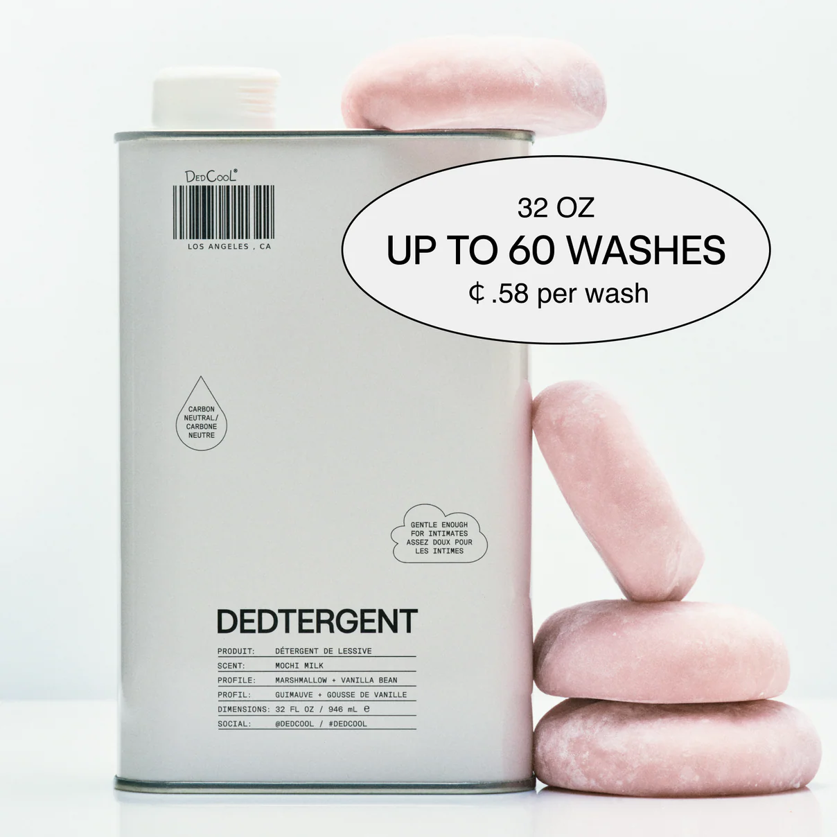 Can of detergent with pink stones on a white background