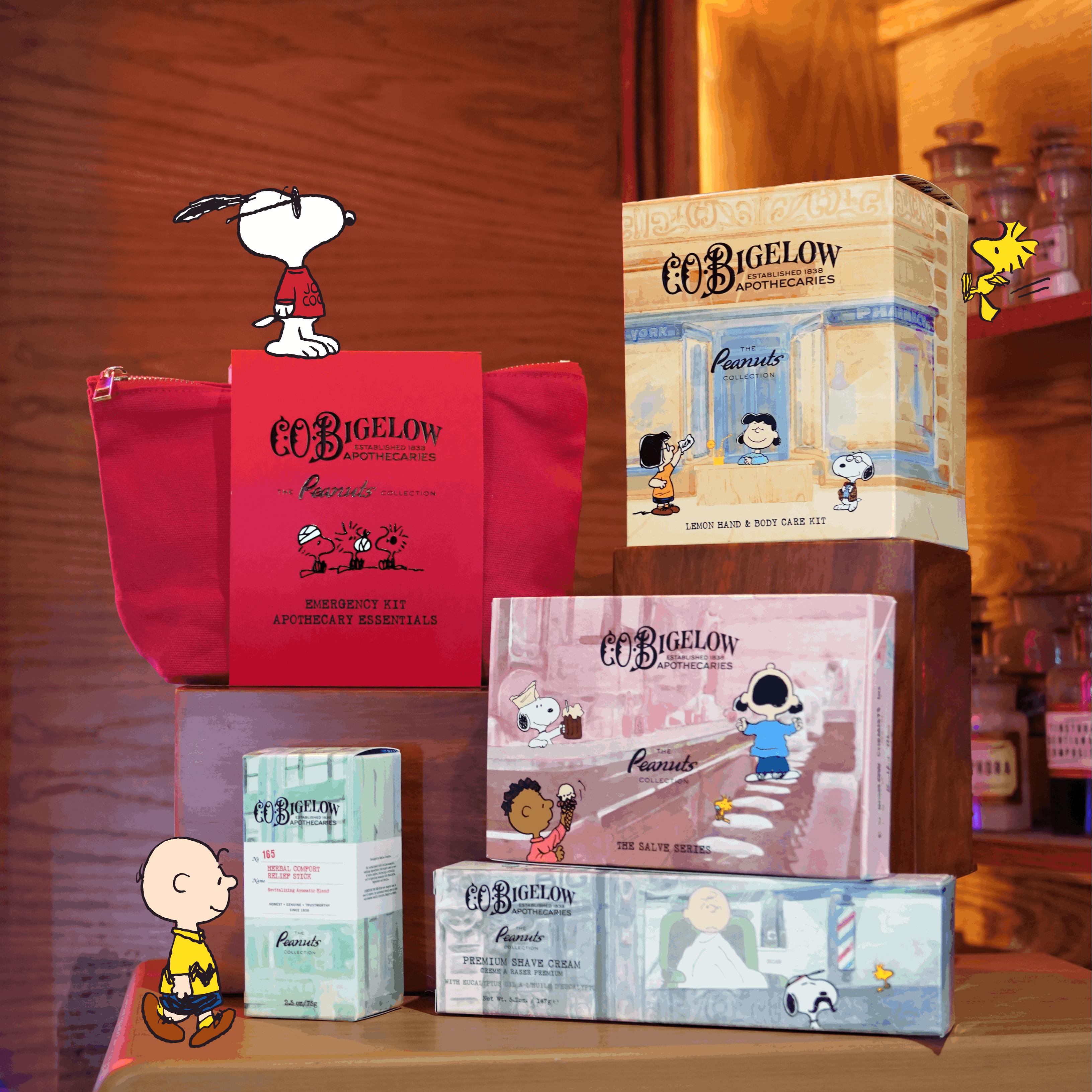 A collection of Peanuts-themed merchandise from Co. Bigelow Inc.