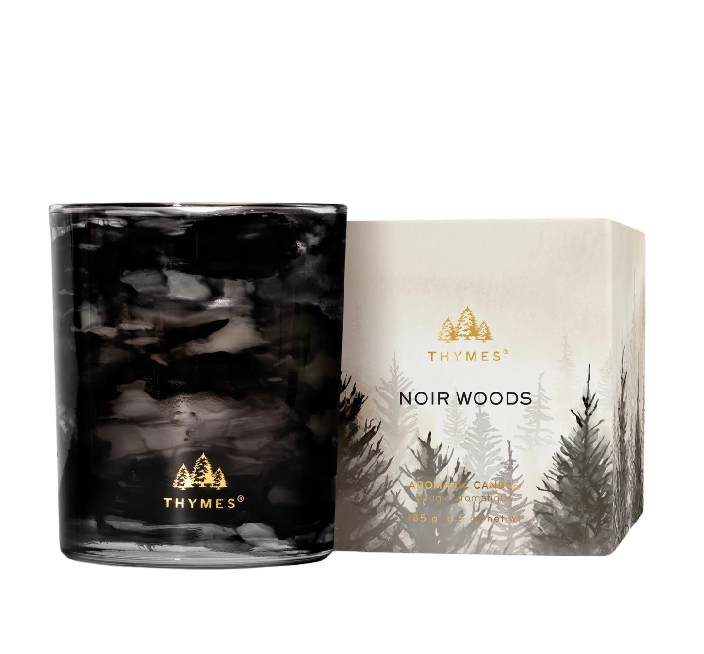 Thymes Noir Woods candle and packaging on a white background