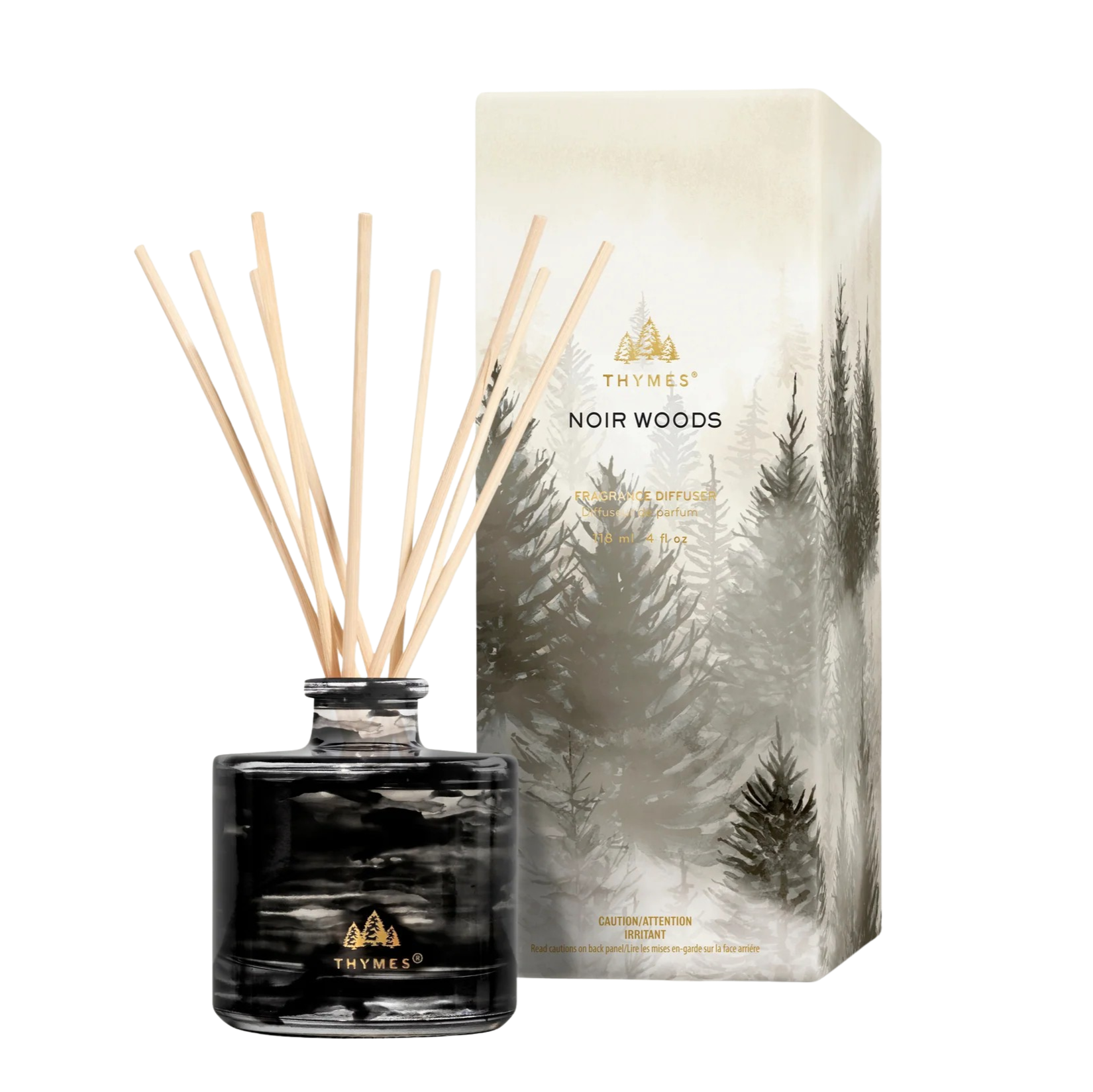 Thymes Noir Woods diffuser with packaging featuring a forest design on a white background