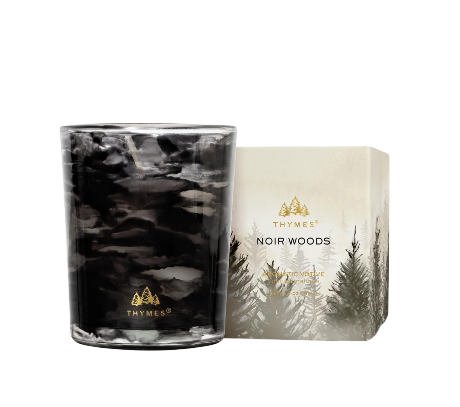 Thymes Noir Woods candle and packaging on a white background