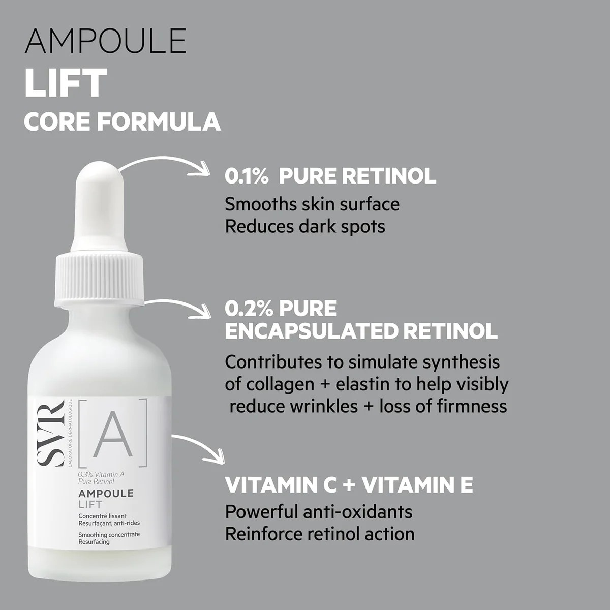 SVR Ampoule Lift core formula with text on a gray background