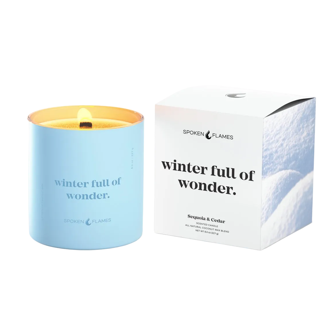 Candle with a blue container and packaging labeled 'winter full of wonder' by Spoken Flames.