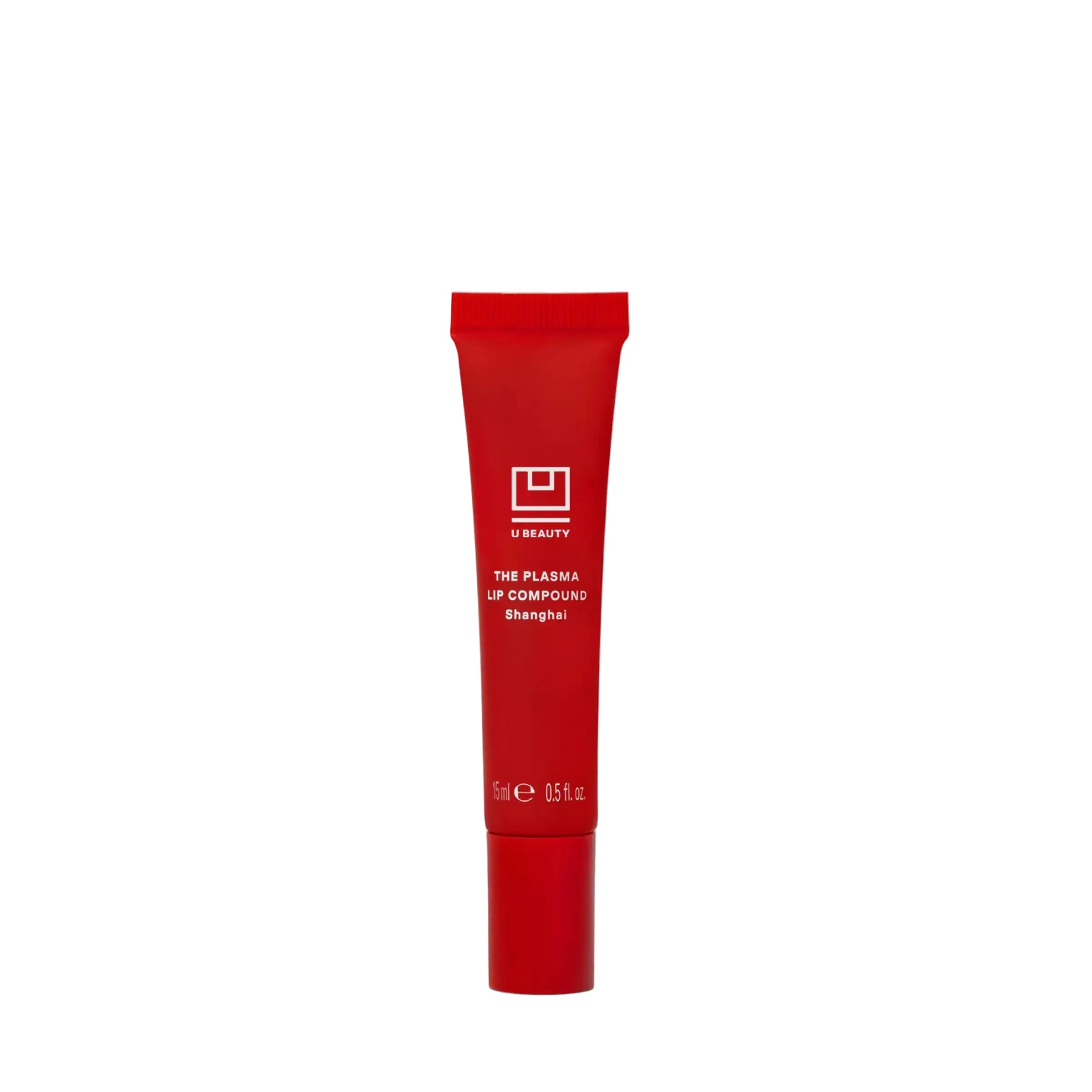 A red squeeze tube of V Beauty The Plasma Lip Compound on a light gray background.