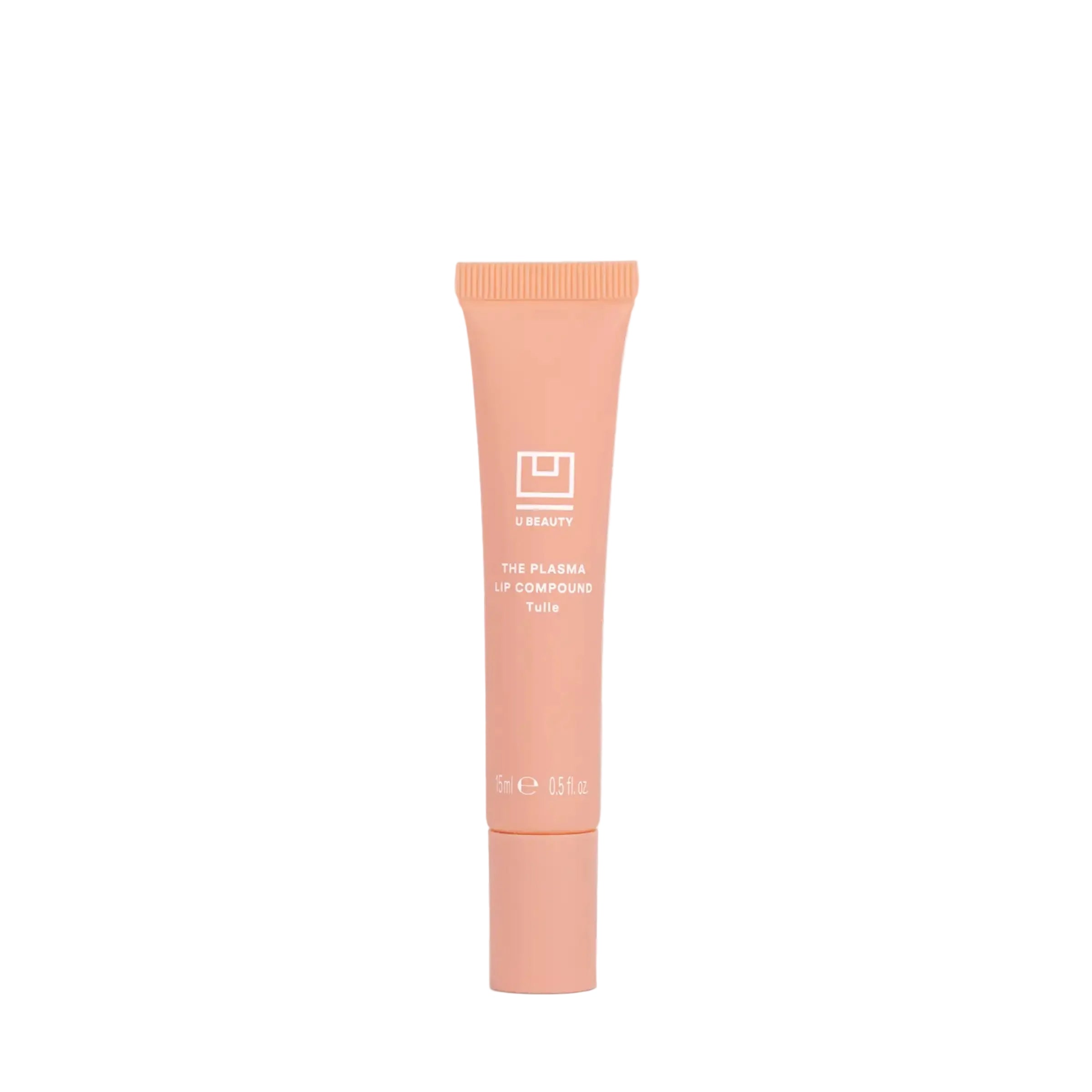 A peach-colored cosmetic tube with a matching screw cap, standing upright on a light gray background. The tube features white text and a logo for 'U BEAUTY' and reads 'THE PLASMA HYDRATION TUBE'.