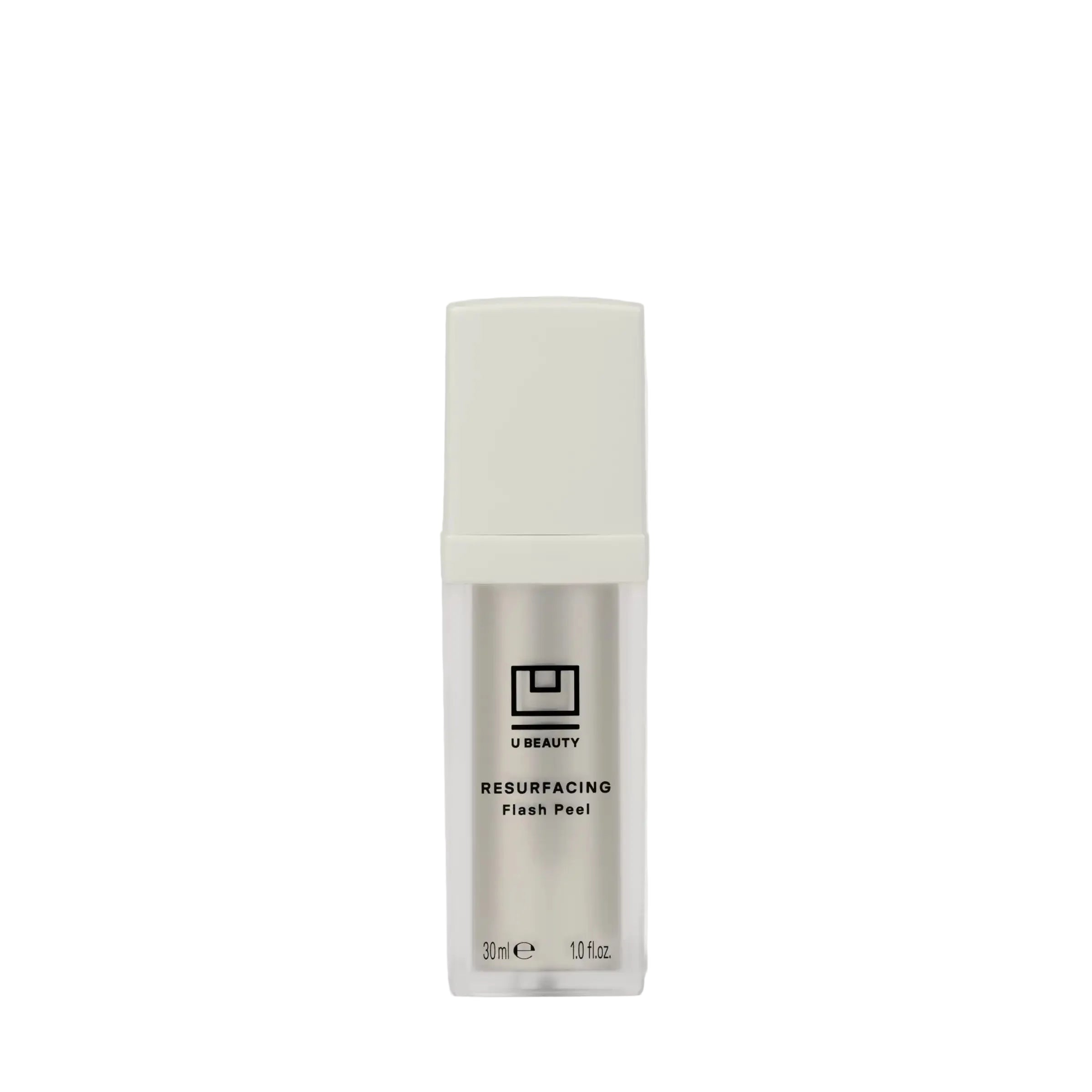 A bottle of U Beauty Resurfacing Flash Peel on a light gray background.
