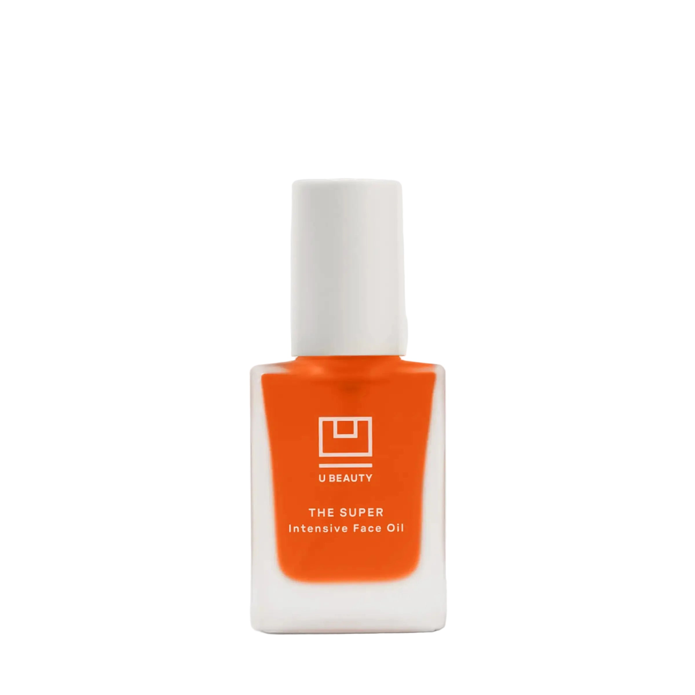 A bottle of U Beauty The Super Intensive Face Oil in a vibrant orange shade, featuring a white cap and a clear glass bottle with a frosted base, set against a clean light gray background.