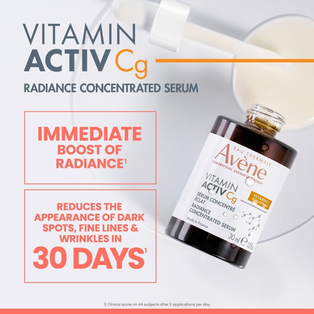 Avene Vitamin Activ Cg serum bottle with promotional text on a light gray background