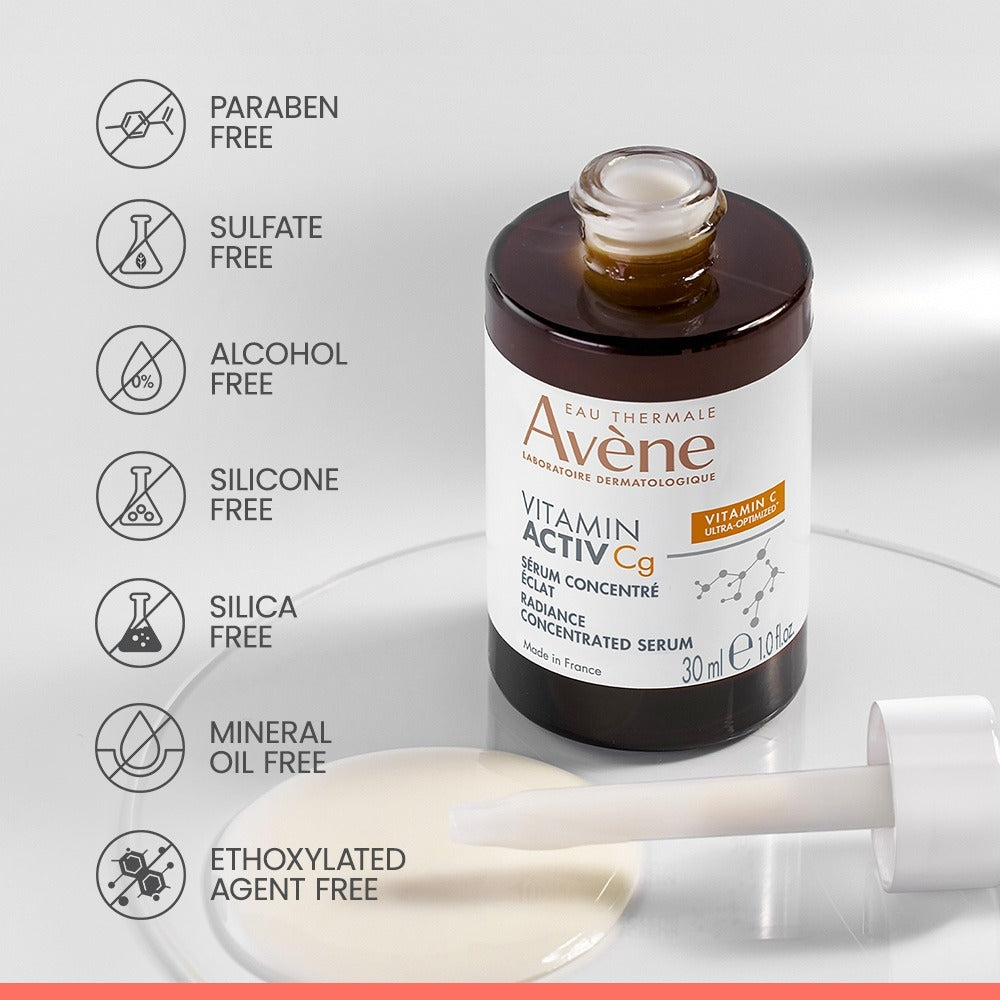 Avene Vitamin Activ serum bottle with dropper on a gray background, featuring free-from icons.