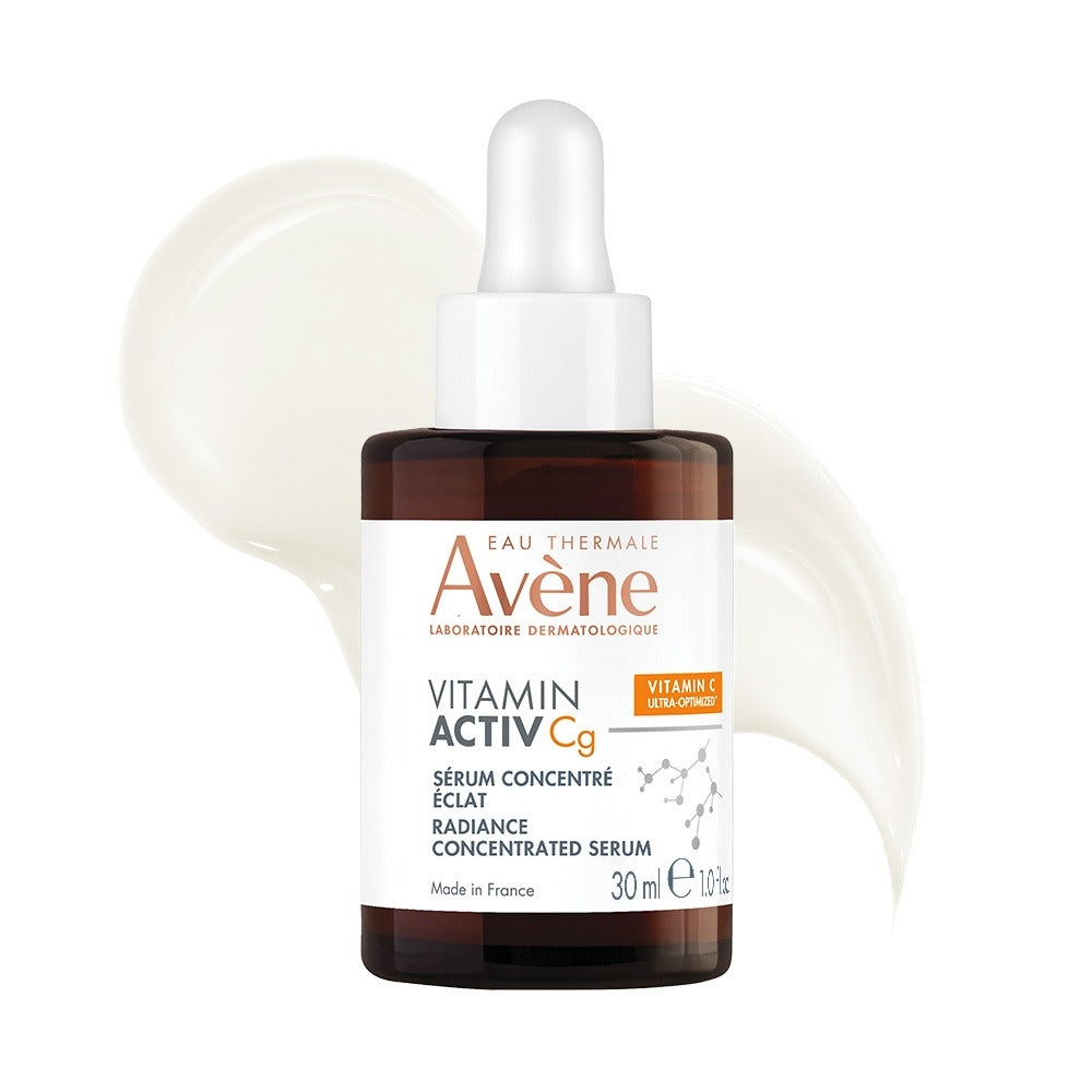 Avene Vitamin Activ C serum bottle with dropper and texture swatch on a white background