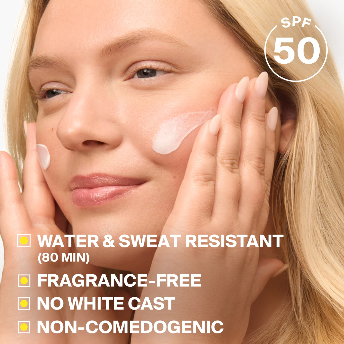 Woman applying sunscreen cream to her face with SPF 50 label and product features listed.