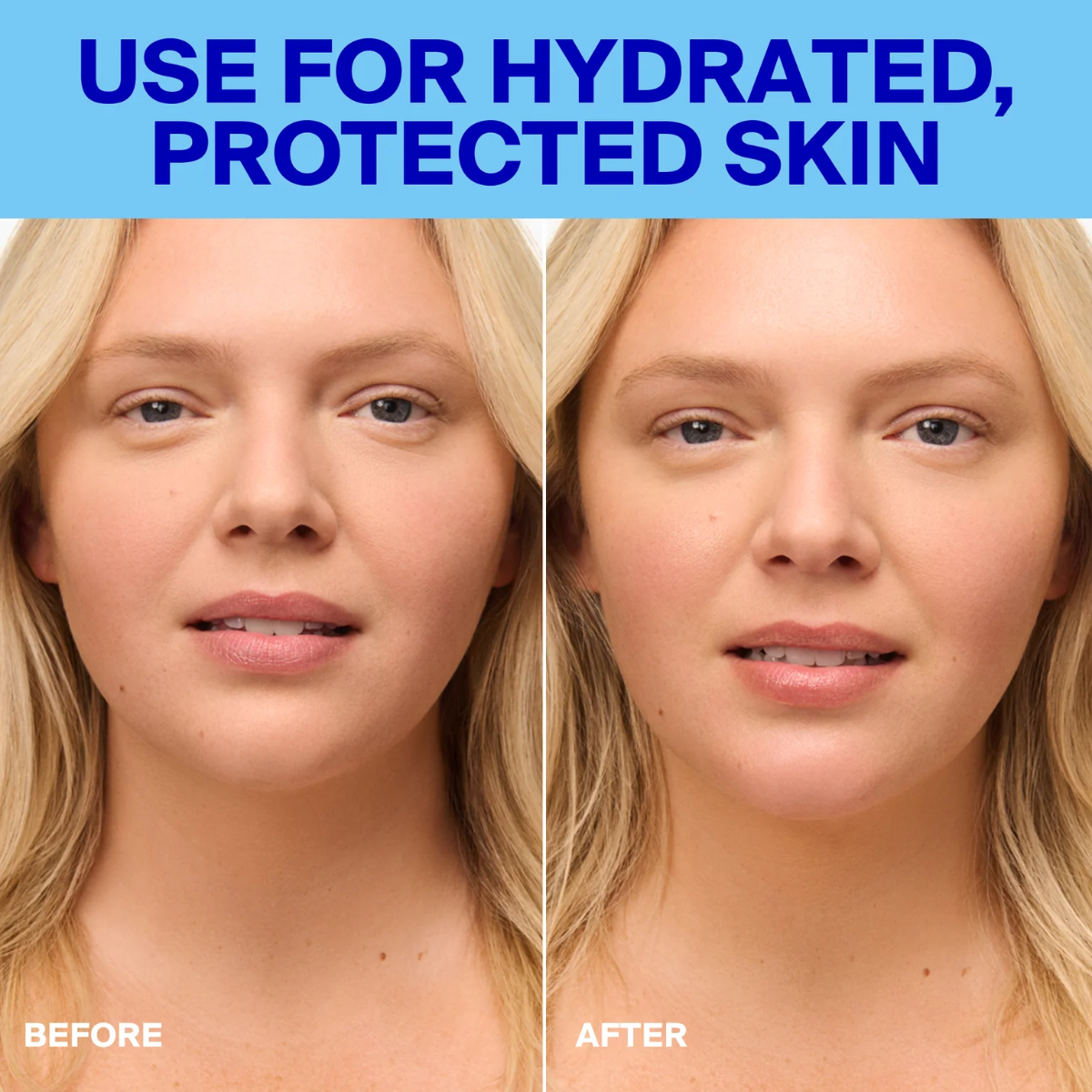 Before and after comparison of hydrated, protected skin with text on a blue background.