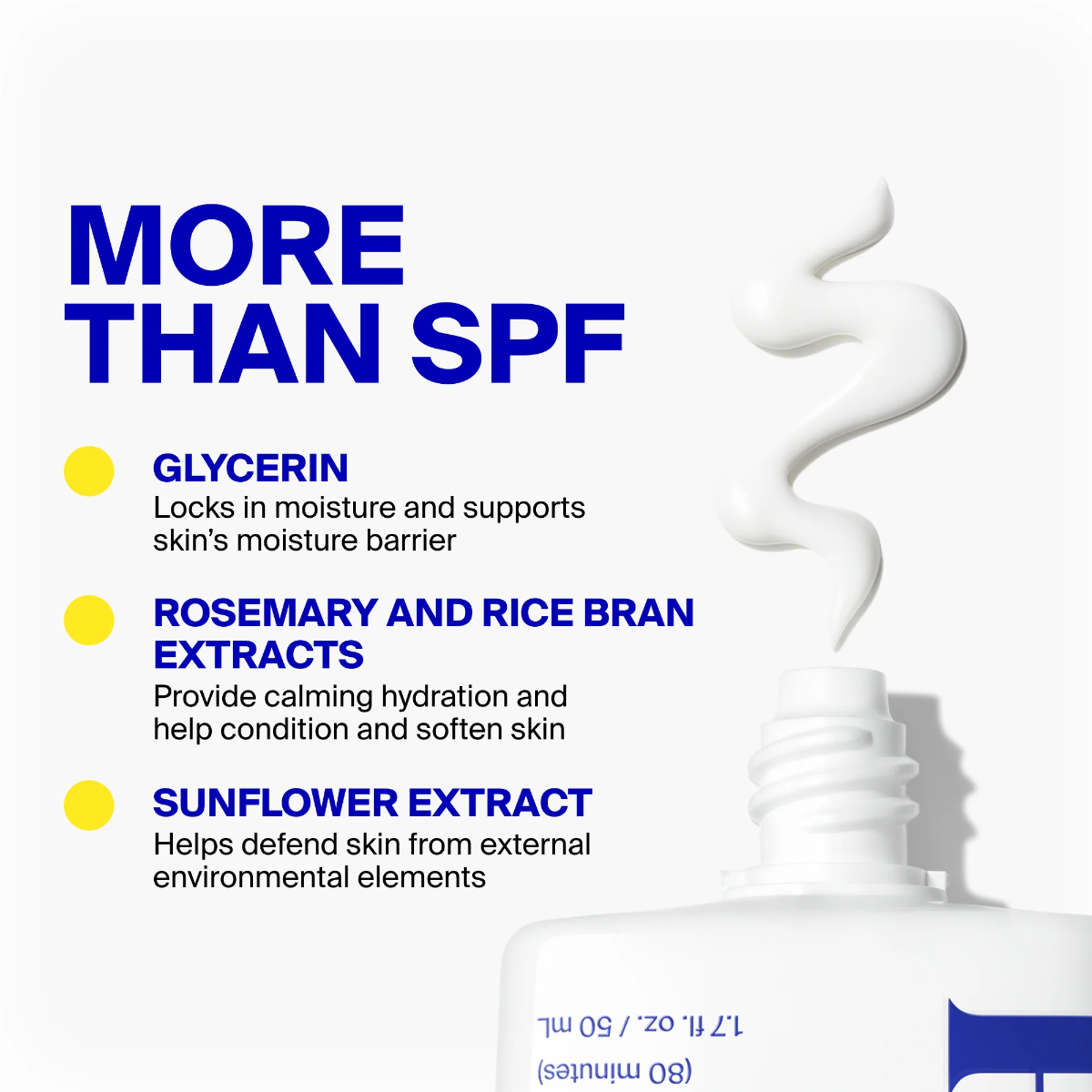 Product with text detailing ingredients like glycerin, rosemary and rice bran extracts, and sunflower extract on a white background.