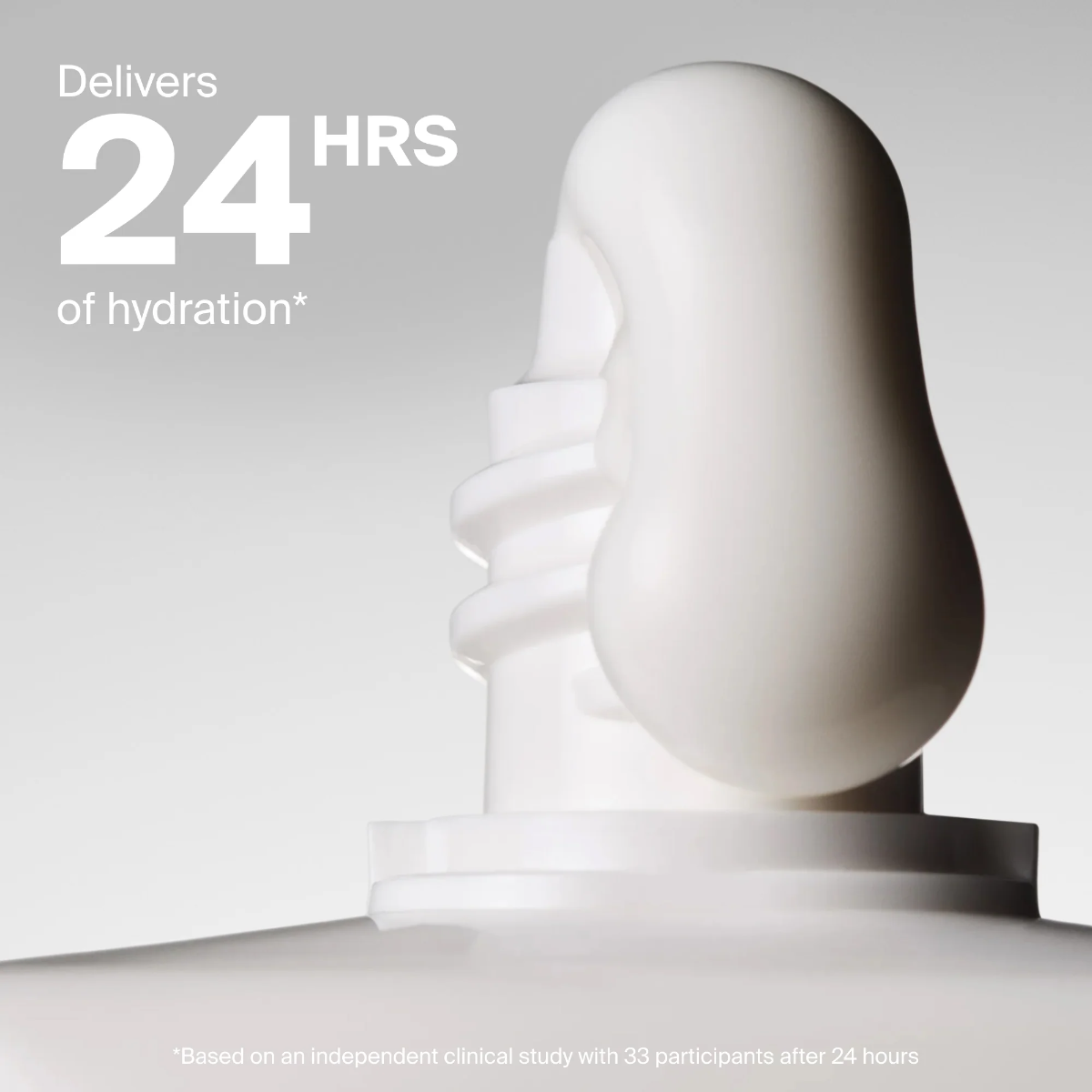 Product bottle with text 'Delivers 24 HRS of hydration' on a light gray background